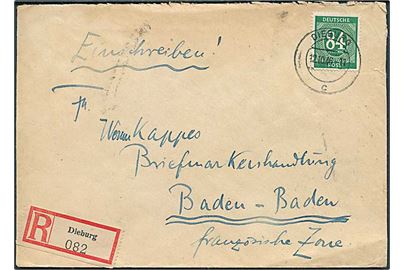 84 pfg. Ciffer single på anbefalet brev fra Dieburg d. 12.10.1946 til Baden-Baden.