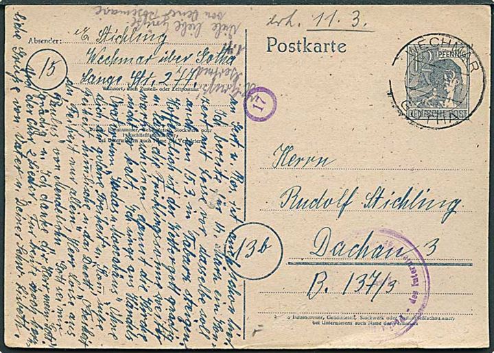 12 pfg. helsagsbrevkort fra Wechmar über Gotha d. 1.3.1948 til interneret i Dachau lejren. Svagt censurstempel. Den tidl. KZ-lejr i Dachau blev efter krigen benyttet som interneringslejr.