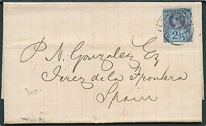 2½d Victoria single på brev fra London d. 28.9.1896 til Uerez, Spanien.