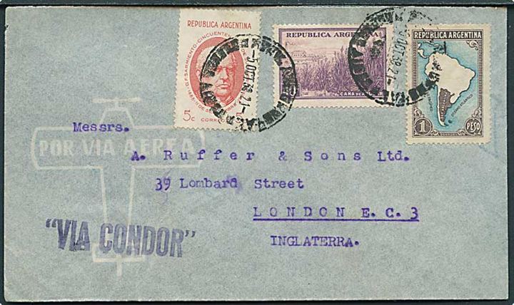1,95 c. blandingsfrankeret luftpostbrev fra Buenos Aires d. 5.10.1938 til London, England. Liniestempel: Via Condor.