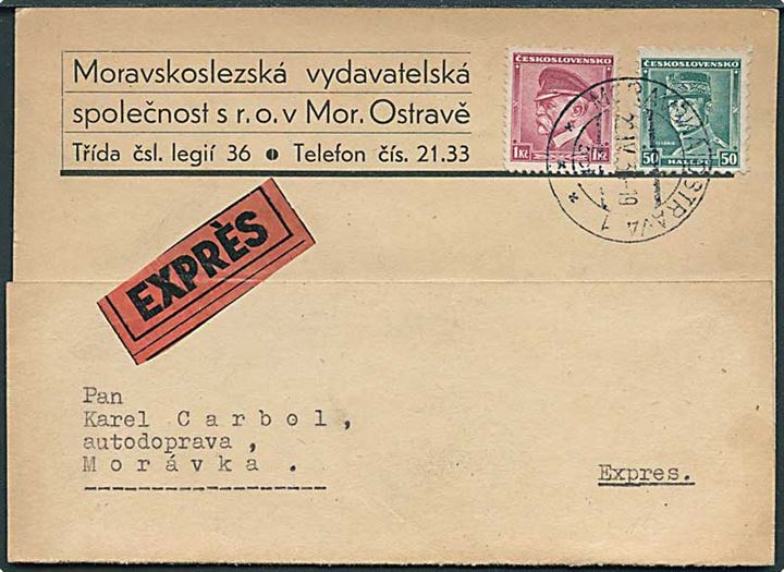 50 h. Stefanik og 1 kc. Masaryk på foldet firmakort sendt som ekspres fra Moravska Ostrava d. 22.4.1936 til Moravka.