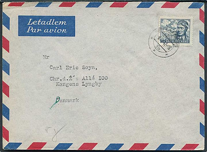 5,50 kc. Novak single på luftpostbrev fra Prag d. 8.4.1947 til forfatteren Carl Eric Soya, Lyngby, Danmark. Brevet sent fra den tjekkiske forfatter Frantisek Langer (1888-1965). 