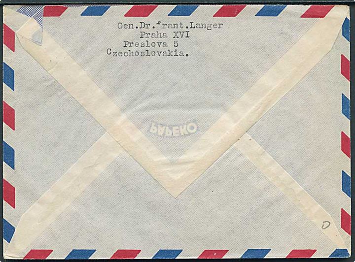5,50 kc. Novak single på luftpostbrev fra Prag d. 8.4.1947 til forfatteren Carl Eric Soya, Lyngby, Danmark. Brevet sent fra den tjekkiske forfatter Frantisek Langer (1888-1965). 