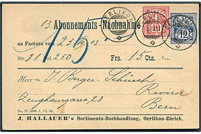 10 c. og 12 c. Ciffer på brevkort med opkrævning fra Oerlikon d. 2.8.1904 til Bern.