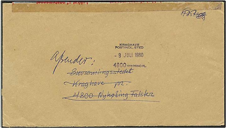 Postsag fra Odense til Kraghave d. 9.7.1980. Kraghave kontorstempel. Brevet er returneret.