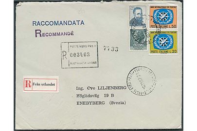 275 l. blandingsfrankeret anbefalet brev fra Rom d. 10.11.1967 til Enebyberg, Sverige. Påsat svensk rec.-etiket Från utlandet.