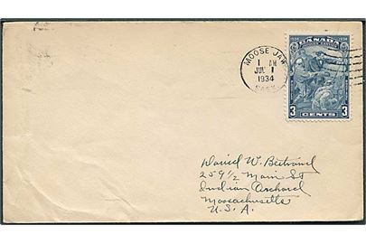 3 c. Jacques Cartier single på brev fra Moose Jaw d. 1.7.1934 til USA.