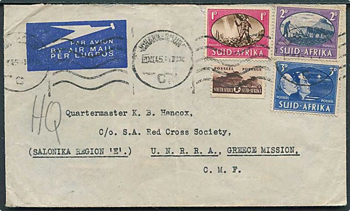 1 sh. 6d blandingsfrankeret luftpostbrev fra Johannesburg d. 10.12.1945 til South African Red Cross Society, UNRRA, Greece Mission, C.M.F.