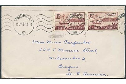 1½d Natal Settlers 100 år i 2-sproget parstykke på brev fra Kimberley d. 12.5.1949 til Milwaukee, USA. 