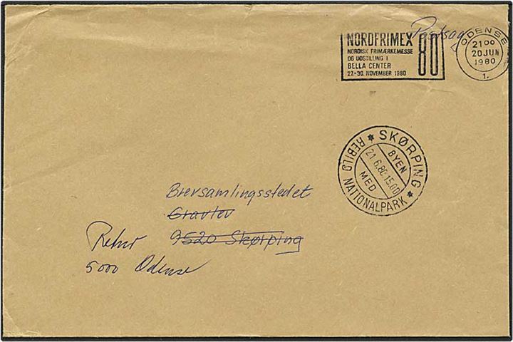 Postsag fra Odense d. 20.6.1980 til Gravlev. Skørping særstempel. Brevet er returneret.