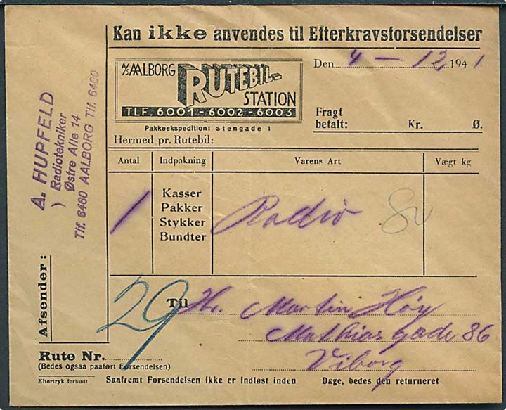 Fortrykt kuvert fra A/S Aalborg Rutebilstation for gods sendt med rutebil d. 4.12.1941 til Viborg.
