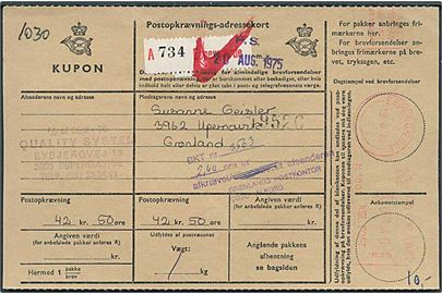 7,40 kr. firmafranko på postopkrævnings-adressekort fra Espergærde d. 19.8.1975 til Upernavik, Grønland. Underfrankeret og opkrævet yderligere 2,60 kr. af Grønlands Postkontor.
