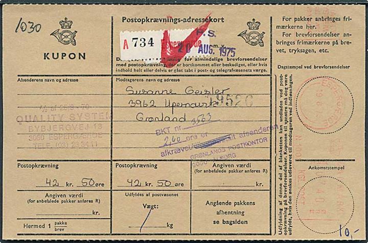 7,40 kr. firmafranko på postopkrævnings-adressekort fra Espergærde d. 19.8.1975 til Upernavik, Grønland. Underfrankeret og opkrævet yderligere 2,60 kr. af Grønlands Postkontor.
