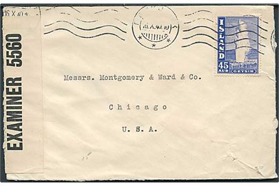 45 aur Geysir single på brev fra Reykjavik d. 16.10.1940 til Chicago, USA. Åbnet af britisk censur PC90/5560.
