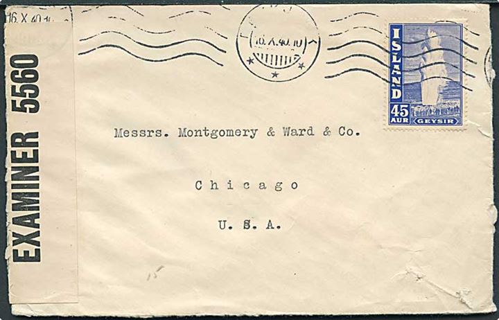 45 aur Geysir single på brev fra Reykjavik d. 16.10.1940 til Chicago, USA. Åbnet af britisk censur PC90/5560.