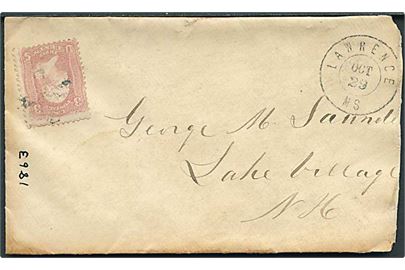 3 c. Washington på brev annulleret med stumt stempel og sidestemplet Lawrence MS d. 29.10.186x til Lake Village, N.H.