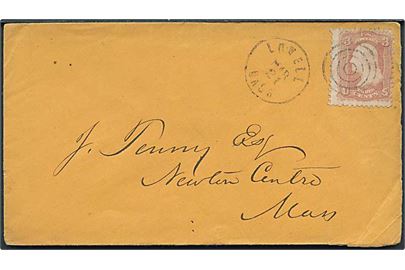 3 cents Washington på brev annulleret med stumt stempel og sidestemplet Lowell Mass. d. 21.3.186x til Newton Centre, Mass. 