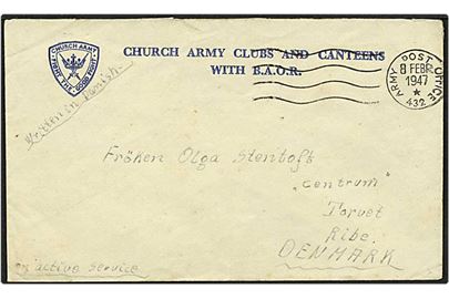 Ufrankeret britisk feltpostbrev fra Army Post Office 432 d. 8.2.1947 til Ribe. Afs.1083 Johansen, 3 DCS, BAOR. Sendt fra dansk censor ved den britiske censur (3rd District Censorship Station) i Hamburg, Tyskland.