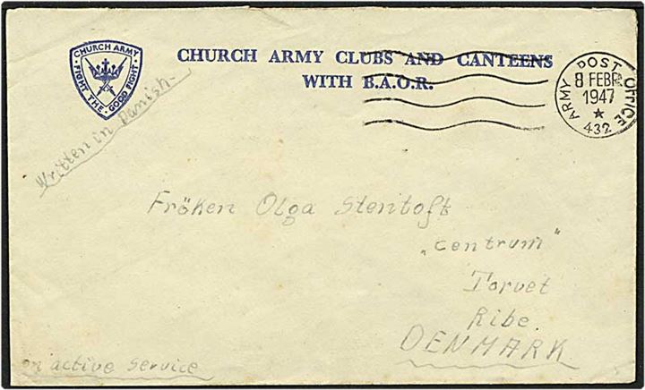 Ufrankeret britisk feltpostbrev fra Army Post Office 432 d. 8.2.1947 til Ribe. Afs.1083 Johansen, 3 DCS, BAOR. Sendt fra dansk censor ved den britiske censur (3rd District Censorship Station) i Hamburg, Tyskland.