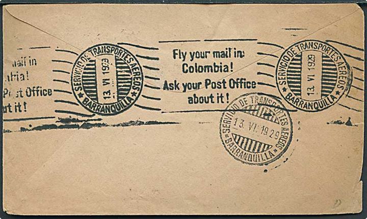 Colombia 4 c. (par) og SCADTA 30 c. Luftpost udg. på brev fra Buearamanga d. 12.6.1929 via Barranquilla til London, England. På bagsiden reklamestempel: Fly your mail in Colombia! Ask your Post Office about it!.