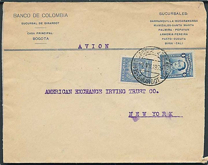Colombia 4 c. og SCADTA 30 c. Luftpost udg. på luftpostbrev fra Girardot d. 1.7.1929 via Barranquilla til New York, USA.