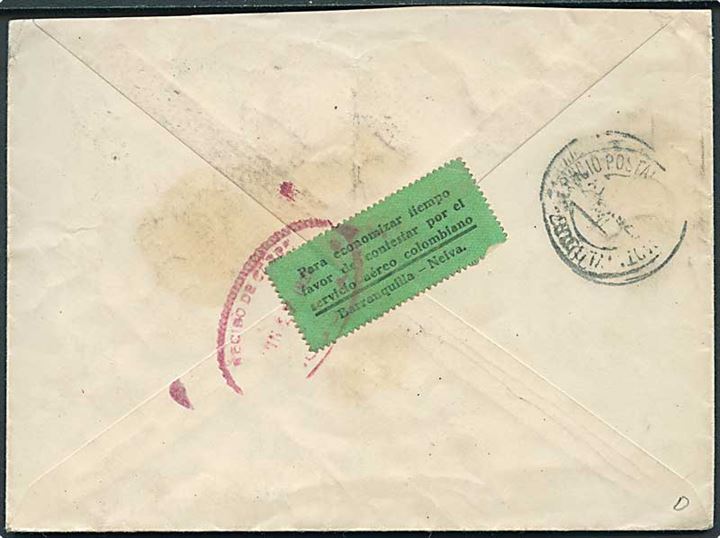 Colombia 3 c. og SCADTA 30 c. Luftpost udg. på luftpostbrev fra Medellin d. 24.6.1925 til Bogota. På bagsiden grøn luftpost etiket.