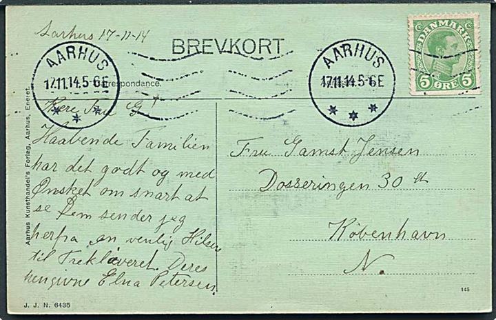5 øre Chr. X med tydelig automat afskæring og sammenklæbning på brevkort fra Aarhus d. 17.11.1914 til København.