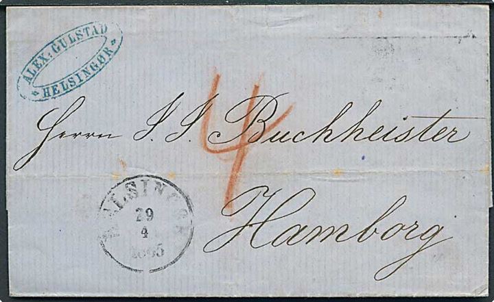 1865. Ufrankeret portobrev fra Helsingør d. 29.4.1865 til Hamburg. Påskrevet 4 sch. porto. Ank.stemplet St.P.A. Hamburg d. 30.4.1865.