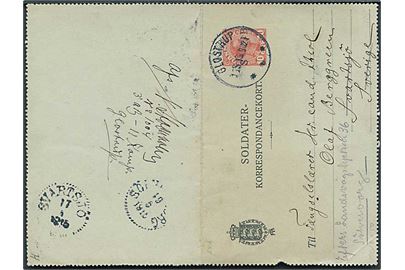 10 øre Chr. X helsags Soldater-Korrespondancekort fra Glostrup d. 15.5.1915 til Svartsjö, Sverige - eftersendt til Sölvesborg. Sjælden set anvendt til udlandet.