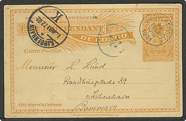 Belgisk Congo 15 c. enkeltbrevkort fra Coquilhatville d. 28.12.1901 via Leopoldville til København, Danmark. Fra dansk officer Lund i Force Public. Ank. Kjøbenhavn d. 17.2.1902.