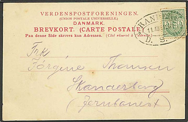 5 øre Våben på brevkort annulleret med ovalt privat jernbanestempel Randers * D.S.B. * d. 11.8.1905 til Skanderborg. Mærke yderligt placeret m. kort hjørnetak.