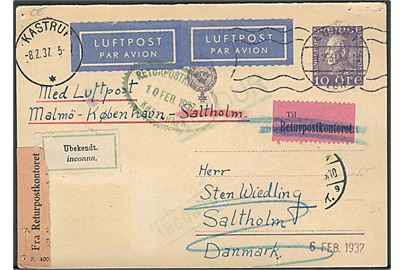 Svensk 10 öre Gustaf enkeltbrevkort sendt som is-luftpost fra Lund d. 1.2.1937 via Kastrup d. 8.2.1937 til Saltholm. Retur via Returpostkontoret med etiket “Ubekendt”.