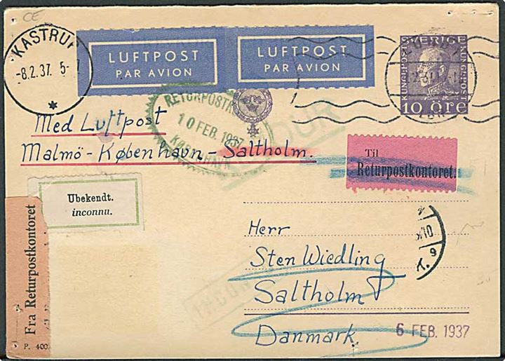 Svensk 10 öre Gustaf enkeltbrevkort sendt som is-luftpost fra Lund d. 1.2.1937 via Kastrup d. 8.2.1937 til Saltholm. Retur via Returpostkontoret med etiket “Ubekendt”.