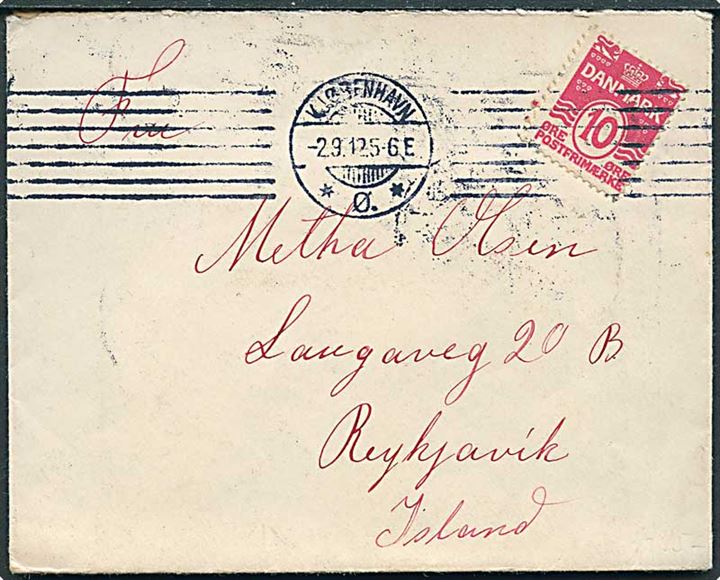 10 øre Bølgelinie på brev fra Kjøbenhavn d. 2.9.1912 til Reykjavik, Island. Ank.stemplet i Reykjavik d. 12.9.1912.