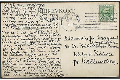 5 øre Fr. VIII på brevkort (Soldater på manøvre) annulleret med forsøgs maskinstempel Kjøbenhavn KKB d. 31.7.1912 til Ulstrup pr. Kalundborg.