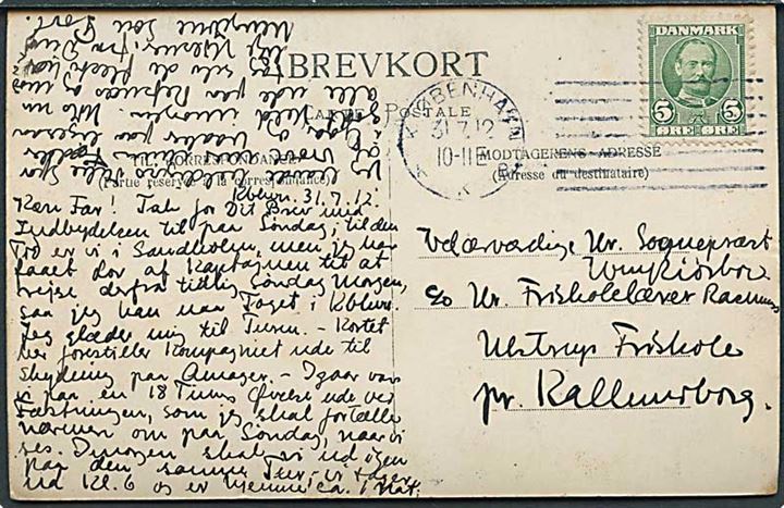 5 øre Fr. VIII på brevkort (Soldater på manøvre) annulleret med forsøgs maskinstempel Kjøbenhavn KKB d. 31.7.1912 til Ulstrup pr. Kalundborg.