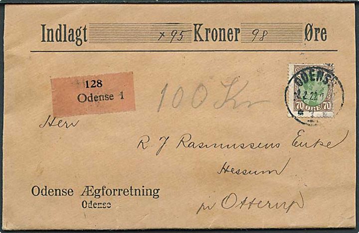 70 øre Chr. X single på værdibrev fra Odense d. 2.2.1922 til Hessum pr. Otterup.