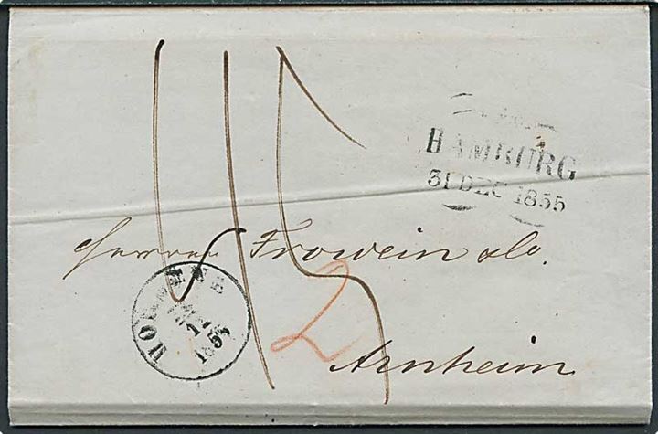 1855. Portobrev med antiqua Horsens d. 28.12.1855 via Hamburg d. 31.12.1855 til Arnheim, Holland.