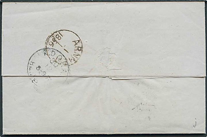 1855. Portobrev med antiqua Horsens d. 28.12.1855 via Hamburg d. 31.12.1855 til Arnheim, Holland.