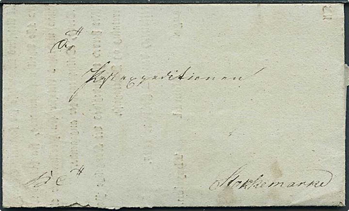 Cirkulære fra Generalpostdirectionen sendt som tjenestebrev fra Kjøbenhavn d. 8.2.1825 til postekspeditionen i Stokkemarke. På bagsiden sort afsenderstempel General Post Direction. Meddelelse vedr. Deliqventsager.
