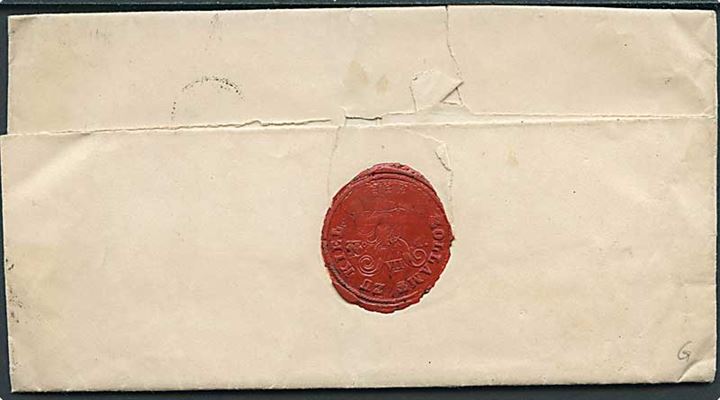 1858. Ufrankeret portobrev fra Kiel d. 23.2.1858 til Kühren pr. Preetz. Påskrevet 12 sk. porto. På bagsiden laksegl fra Zollamt Zu Kiel.