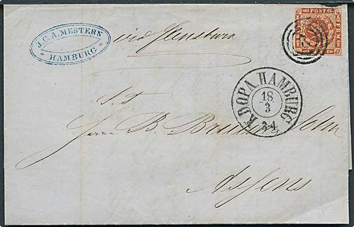 4 sk. 1858 udg. på brev med kopi af brev dateret Amsterdam d. 13.3. annulleret med nr.stempel 2 og sidestemplet K.D.O.P.A. Hamburg d. 18.3.18xx til Assens. Påskrevet via Flensburg.