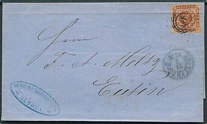 1864. 4 sk. stukken kant (fold) på brev fra Hamburg annulleret med nr.stempel 168 og sidestemplet Holst.EB.P.Sp.B. d. 23.2.1864 via K.D.O.P.A. Lübeck til Eutin. Sen anvendelse af dansk frankatur i Holstein, kun gyldig indtil udgangen af feb. 1864