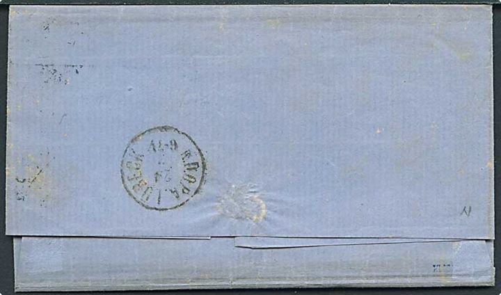 1864. 4 sk. stukken kant (fold) på brev fra Hamburg annulleret med nr.stempel 168 og sidestemplet Holst.EB.P.Sp.B. d. 23.2.1864 via K.D.O.P.A. Lübeck til Eutin. Sen anvendelse af dansk frankatur i Holstein, kun gyldig indtil udgangen af feb. 1864