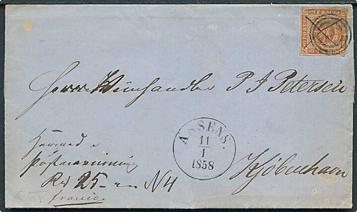 4 sk. 1854 udg. single på brev med postanvisning mærket franco annulleret med blækkryds og nr.stempel 7, samt sidestemplet antiqua Assens d. 11.1.1858 til Kjøbenhavn.