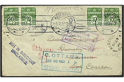 10 øre grøn bølgelinie på brev fra København d. 5.12.1922 til Alderdale, Canada. Stemplet Dead letter division, Ottawa, og returneret.