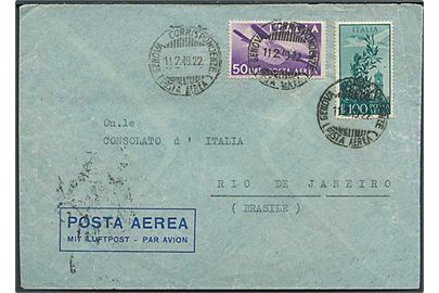 50 l. og 100 l. på luftpostbrev fra Genova d. 11.2.1949 til Rio de Janeiro, Brasilien.
