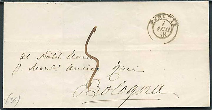 1858. Ufrankeret brev fra Perugia d. 1.8.1858 til Bologna. Portopåtegning.