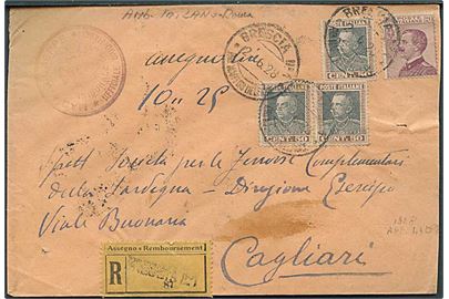 20 c. og 50 c. (3) på anbefalet brev fra Brescia d. 2.6.1928 til Cagliari.