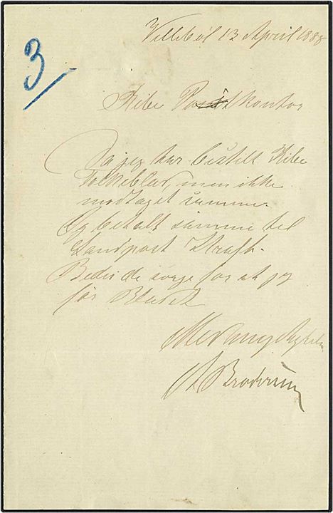 Avis-regning (Formular nr. 27 a) udfyldt af Ribe Postkontor i 1888 for levering af Ribe Folkeblad. Vedhæftet brev fra abonnenten som udbeder sig en regning.